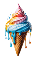 Homemade melted vanilla and colorful rainbow ice cream waffle cone illustration. AI-Generated png