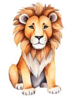 Watercolor and painting cute lion cartoon illustration. AI-Generated png