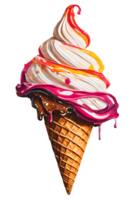 Watercolor and painting homemade melted vanilla and berry ice cream waffle cone Illustration. AI-Generated png