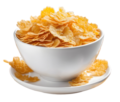 Homemade corn flakes with milk in white bowl. AI-Generated png