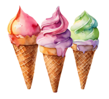 Watercolor and painting homemade fresh colorful and strawberry ice cream waffle cone illustration. AI-Generated png