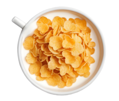 Homemade corn flakes with milk in white bowl. AI-Generated png