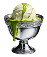 Homemade fresh green tea ice cream in bowl with caramel and whipped cream topping. AI-Generated png