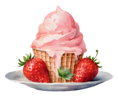 Watercolor and painting homemade fresh strawberry ice cream on waffle cone illustration. AI-Generated png