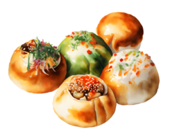 Watercolor and painting homemade Delicious bao buns Illustration. Steamed buns with pork belly and vegetable. Asian cuisine. AI-Generated png