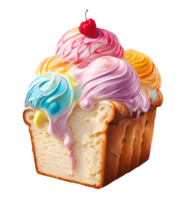 Homemade fresh colorful rainbow ice cream on bread with caramel and strawberry on whipped cream topping. AI-Generated png