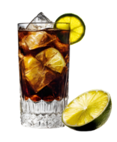 Fresh cuba libre cocktail and lemon with ice in clear glass. AI-Generated png