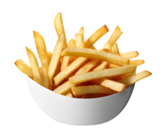 franska frites eller friterad potatisar i en vit skål. ai-genererad png