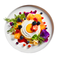 Homemade berries fruit with vegetable salad and fried egg on bread bake. Fusion food and meticulous gourmet. AI-Generated png