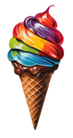 Watercolor and painting homemade melted vanilla and colorful rainbow ice cream waffle cone illustration. AI-Generated png