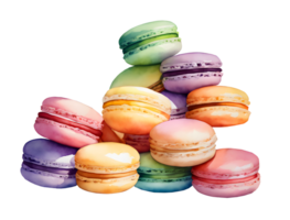 Watercolor and painting colorful macaroons or macarons and cream. Homemade dessert bakery Illustration. AI-Generated png