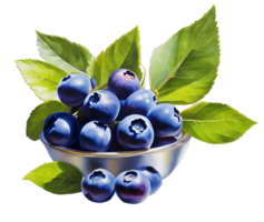 Watercolor and painting fresh blueberry with leaves branch in a bowl. AI-Generated png