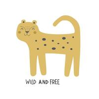 salvaje y gratis. dibujos animados leopardo, mano dibujo letras. plano estilo vector
