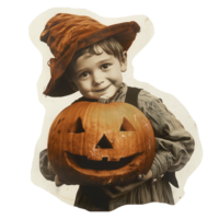 Cut out retro photo of halloween boy with pumpkin png