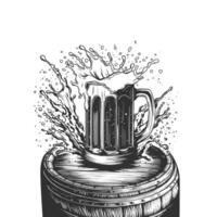 Hand drawn beer mug with foam splashing on wooden barrel. Engraving with ale pint with splash and drops. sketch for menu and packaging design, poster, card, octoberfest vector