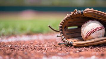 de cerca de un béisbol y guante descansando en el del lanzador montículo, deporte estadio campo como antecedentes foto