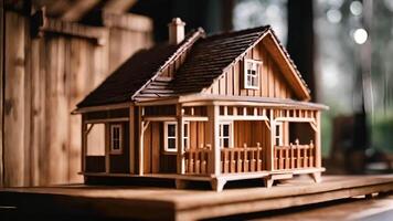 dichtbij omhoog van een gedetailleerd houten model- huis Aan een wazig achtergrond, conceptueel gebonden naar echt landgoed, architectuur, en hobby's, zo net zo model- maken video