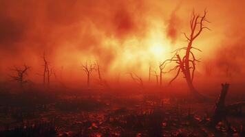 ardente incêndios envolve uma estéril floresta às crepúsculo, ilustrando desastre, emergência resposta, e de Meio Ambiente consciência conceitos video