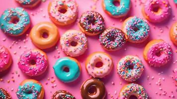 Assorted colorful glazed donuts with sprinkles on a pink background, ideal for National Donut Day and dessert concept imagery video