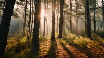 Peaceful forest trail with sunbeams piercing through mist, ideal for Earth Day promotions and nature mindfulness retreats video