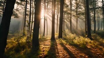 tranquillo, calmo foresta pista con raggi di sole penetrante attraverso nebbia, ideale per terra giorno promozioni e natura consapevolezza ritiri video