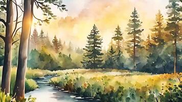 Watercolor illustration of a serene forest at sunrise, perfect for Earth Day themes and outdoor adventure concepts, evoking tranquility and the beauty of nature video
