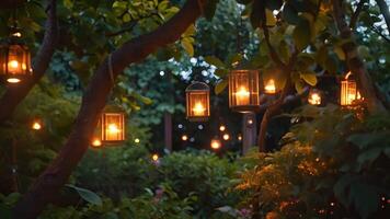 encantador tarde jardim cena com suspensão lanternas no meio verde folhagem, ideal para conceitos relacionado para verão noites e ao ar livre eventos video