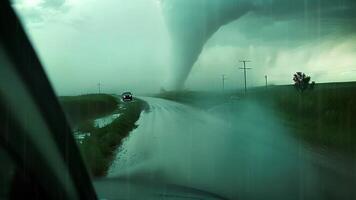 dramatisk se av en kraftfull tornado i stänga anslutning till fordon på en lantlig väg, visa upp extrem väder och naturlig katastrof begrepp relaterad till meteorologi, katastrof beredskap video