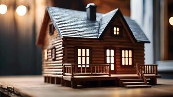 knus houten miniatuur huis model- met gloeiend ramen Aan een rustiek tafel, symboliseert huis comfort en echt landgoed concepten, ideaal voor Kerstmis en behuizing reclame video