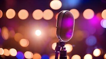 Condenser microphone with colorful bokeh background, highlighting themes of podcasting, music production, and live performances for World Radio Day or International Music Day video