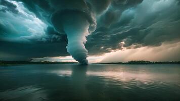 Majestic tornado funnel cloud descending over a calm lake with dramatic storm clouds, illustrating natural disasters and extreme weather concepts video
