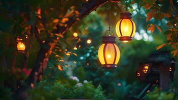 incantata giardino con sospeso lanterne a crepuscolo, evocando un' magico atmosfera, ideale per fantasia o mezza estate notte temi e giardino festa concetti video