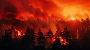 Intense wildfire raging through a forest at dusk, showcasing a dramatic sky and fiery trees, relevant for environmental issues and emergency services video