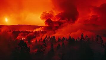 intens wildvuur overspoelt een Woud Bij zonsondergang, dramatisch lucht en silhouet van bomen, concept van natuurlijk rampen en milieu problemen video