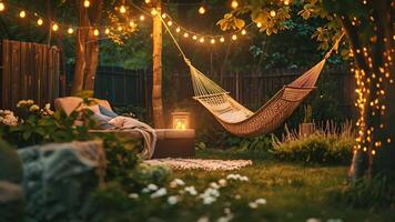 lugn bakgård med en hängmatta under sträng lampor, åberopa avslappning och sommar kvällar, idealisk för begrepp relaterad till Hem trädgårdsarbete och staycations video