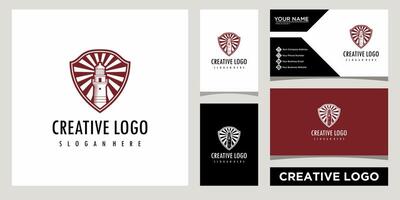 Lighthouse with shield icon logo design template with business card design vector