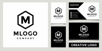 Initials monogram letter M with hexagon shape logo design template with business card design vector