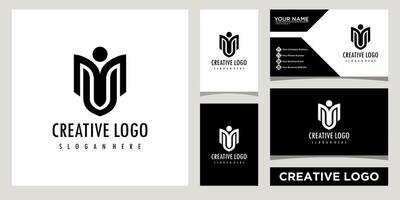 initials monogram MU letter with people icon logo design template with business card design vector