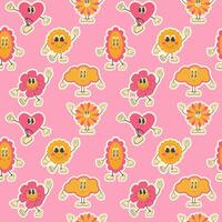2000s pattern with cartoon groovy characters on a pink background. 2000s background vector