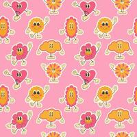 2000s pattern with cartoon groovy characters on a pink background. 2000s background vector