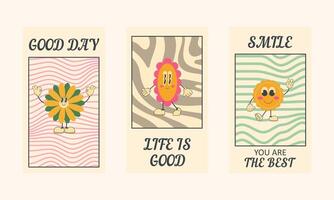 Set of social media templates with cartoon groovy characters in 90s style. Retro poster vector