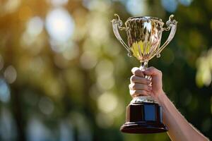 A hand holding a trophy up in the air. photo