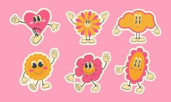 A set of stickers with cartoon groovy characters in the style of the 90s, 2000s vector