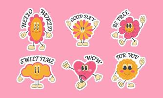 A set of stickers of cartoon groovy characters with inscriptions in the style of the 90s, 2000s. 2000s elements set vector