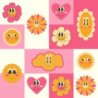 Vintage geometric pattern with cartoon groovy flowers in 2000s style. 2000s background vector