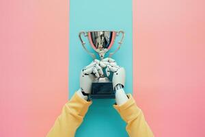 A robot hand holding a trophy in front of a blue and pink background. photo