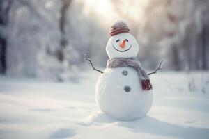 A snowman is standing in a snowy forest. He is wearing a hat and a scarf. He has a carrot for a nose and two black buttons for eyes. His mouth is smiling. photo