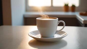 Morning Coffee. A white cup filled with steaming coffee rests on a clean white table, casting a subtle shadow. creating a serene morning scene. photo