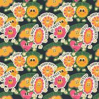 2000s pattern with cartoon groovy characters with inscriptions on a dark background. 2000s background vector