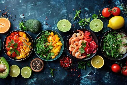 Various healthy bowls with fresh ingredients on a blue background. photo